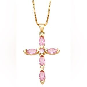 Elegant Gold and Pink Cross Pendant Necklace